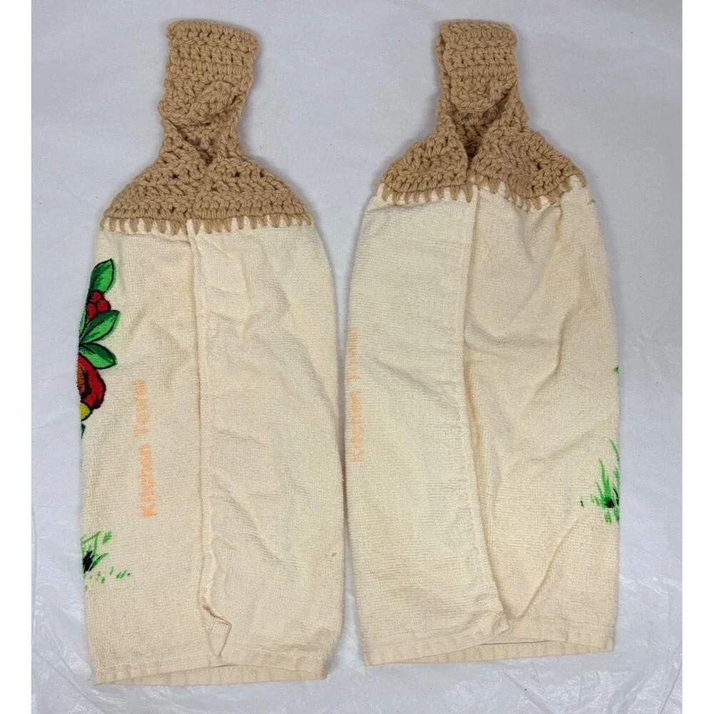 Vintage Mushroom Hanging Kitchen Hand Towels Crocheted 1970s Grannycore Pair
